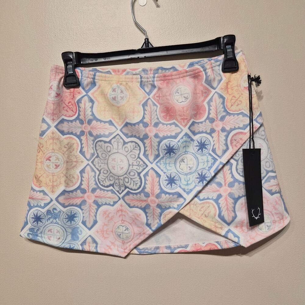 For Love & Lemons Small NWT Mosaic Ole Mini Skirt Tile Print Wrap Style Front